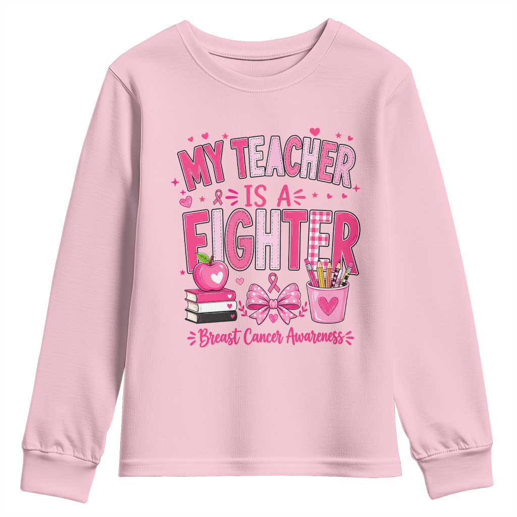 Pink Ribbon Teacher Support Youth Sweatshirt She Is A Fighter Breast Cancer Awareness