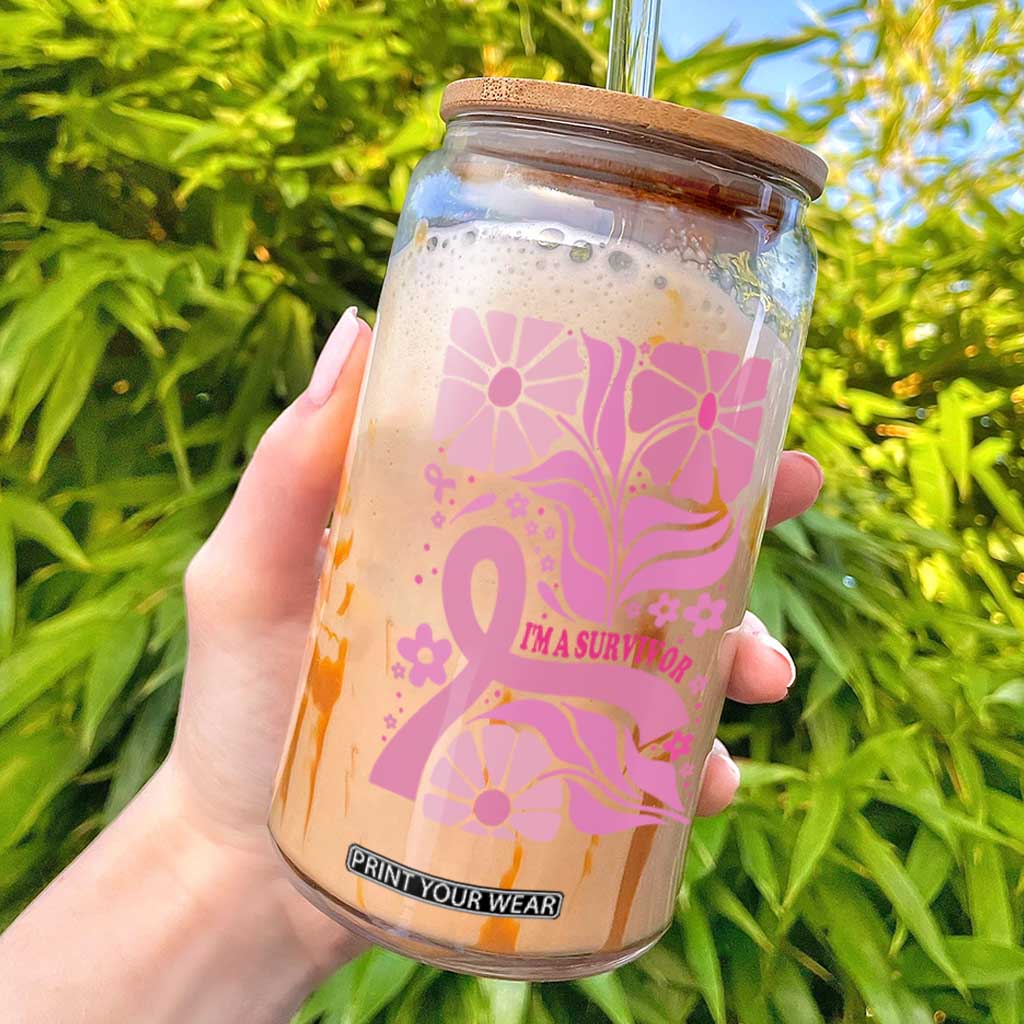 Boho Floral Breast Cancer Survivor Glass Can Pink Ribbon Strength Awareness