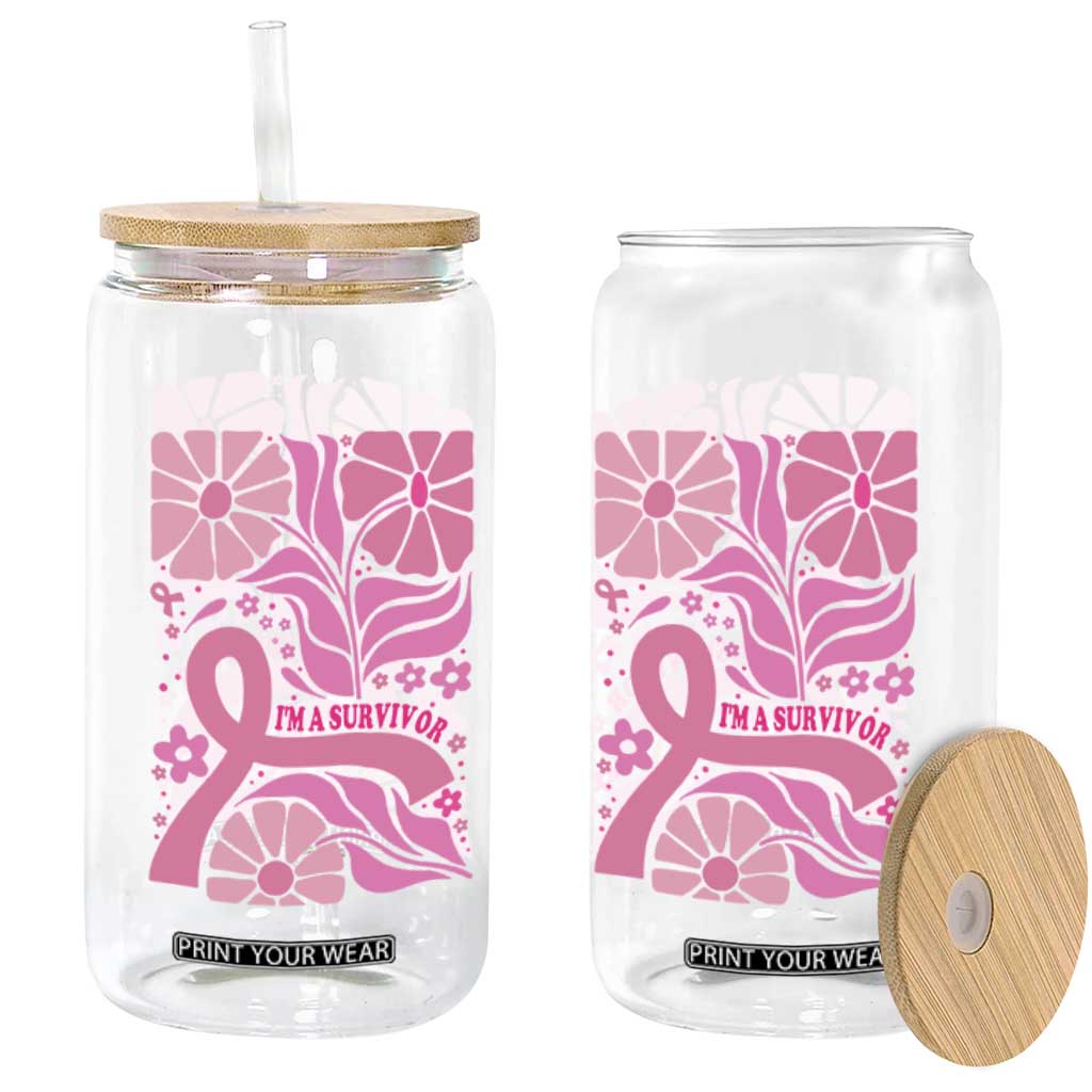 Boho Floral Breast Cancer Survivor Glass Can Pink Ribbon Strength Awareness