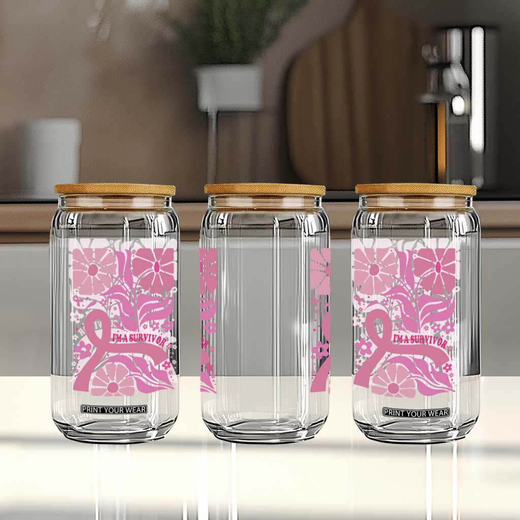 Boho Floral Breast Cancer Survivor Glass Can Pink Ribbon Strength Awareness