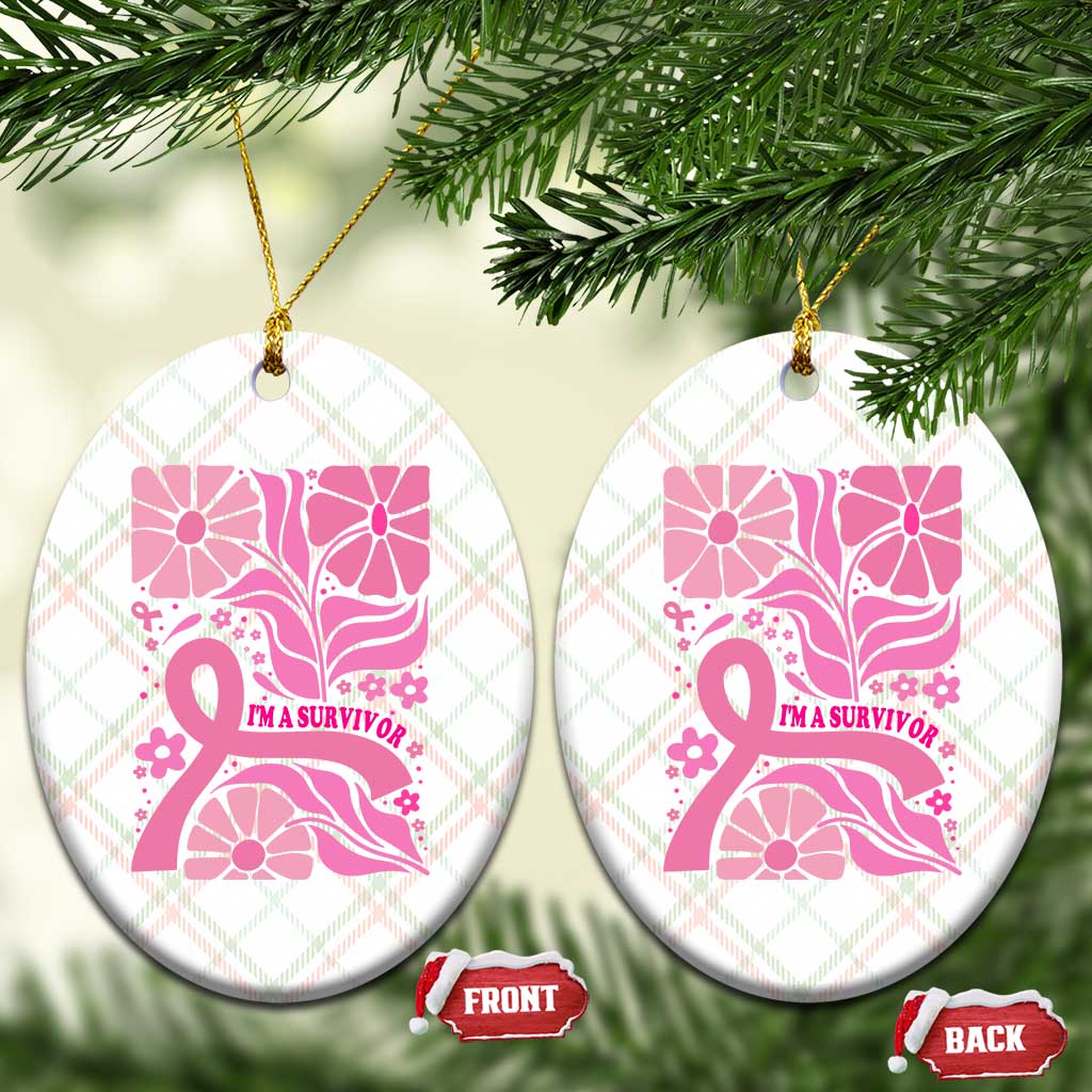Boho Floral Breast Cancer Survivor Ceramic Ornament Pink Ribbon Strength Awareness