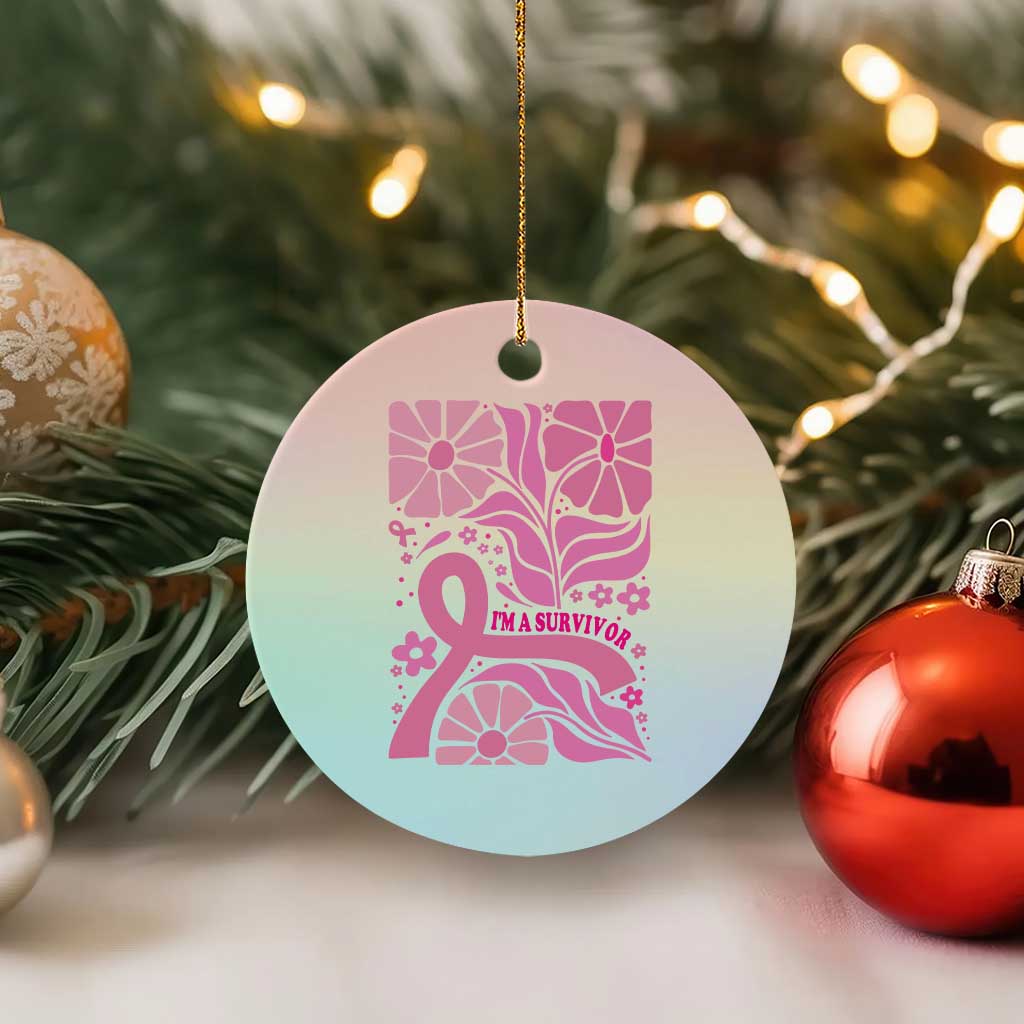 Boho Floral Breast Cancer Survivor Ceramic Ornament Pink Ribbon Strength Awareness