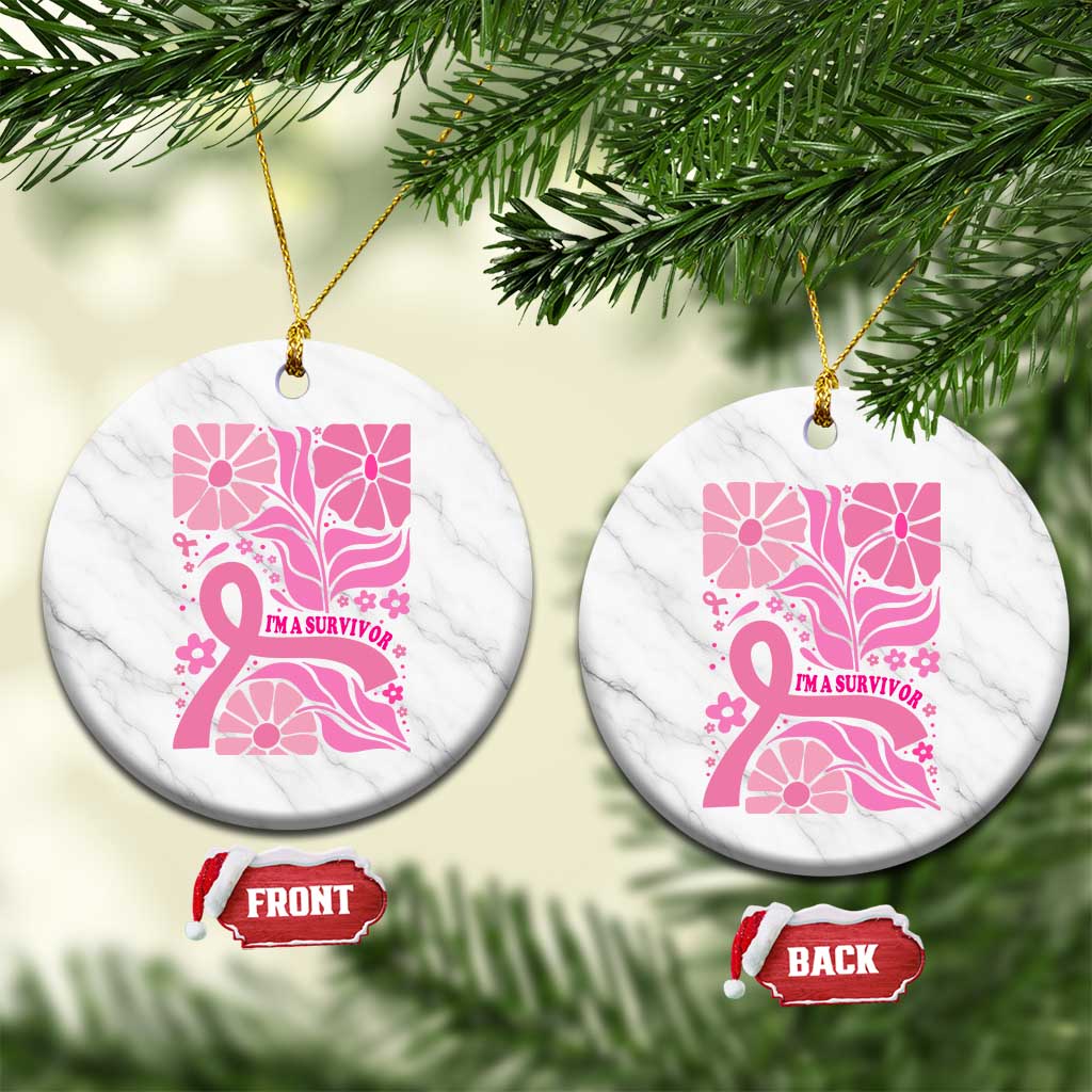 Boho Floral Breast Cancer Survivor Ceramic Ornament Pink Ribbon Strength Awareness