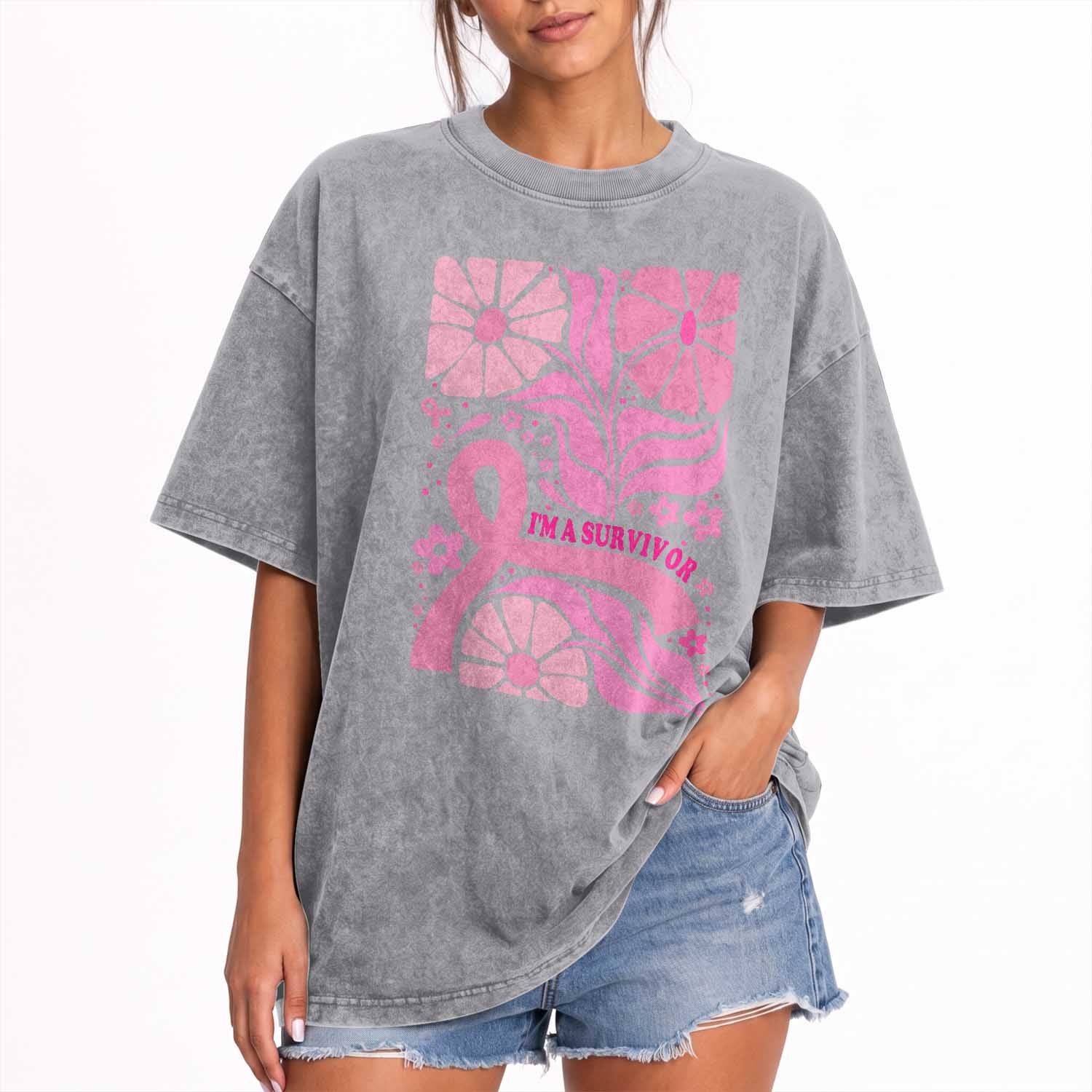 Boho Floral Breast Cancer Survivor Washed Cotton T-Shirt Pink Ribbon Strength Awareness