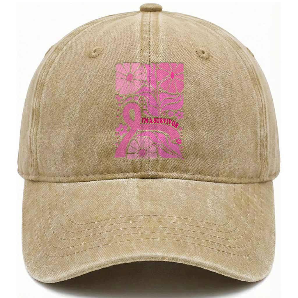 Boho Floral Breast Cancer Survivor Washed Cotton Baseball Cap Pink Ribbon Strength Awareness