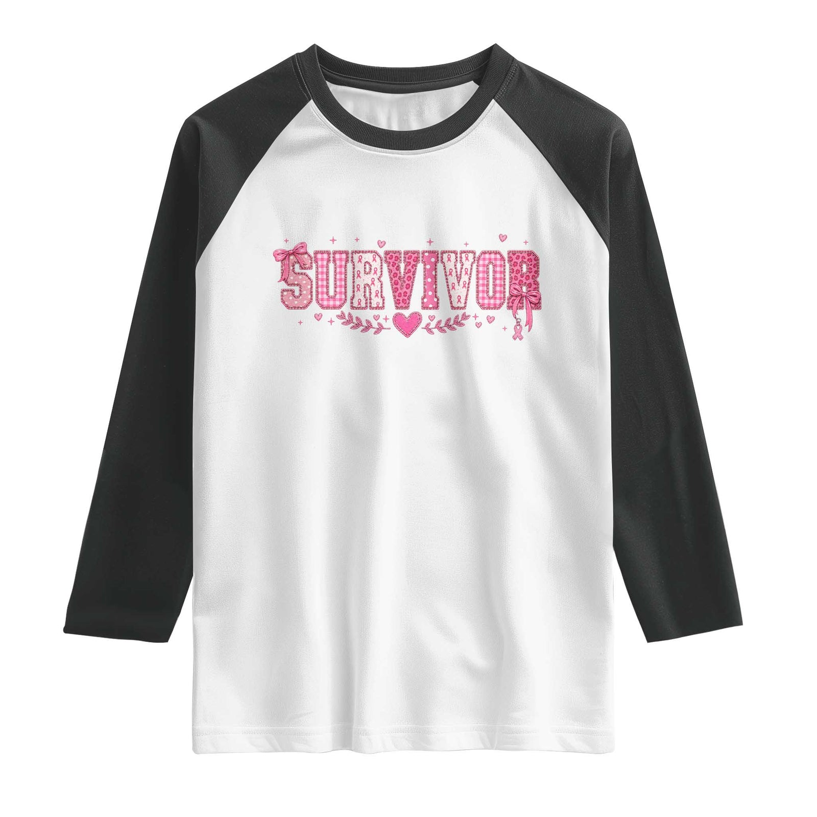 Breast Cancer Survivor Pride Raglan Shirt Pink Coquette Bow Ribbon Strength