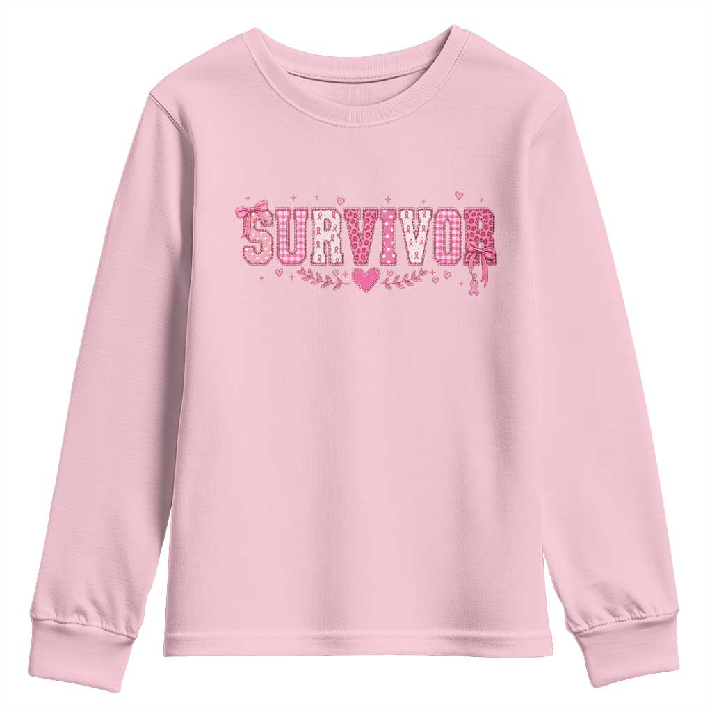 Breast Cancer Survivor Pride Youth Sweatshirt Pink Coquette Bow Ribbon Strength