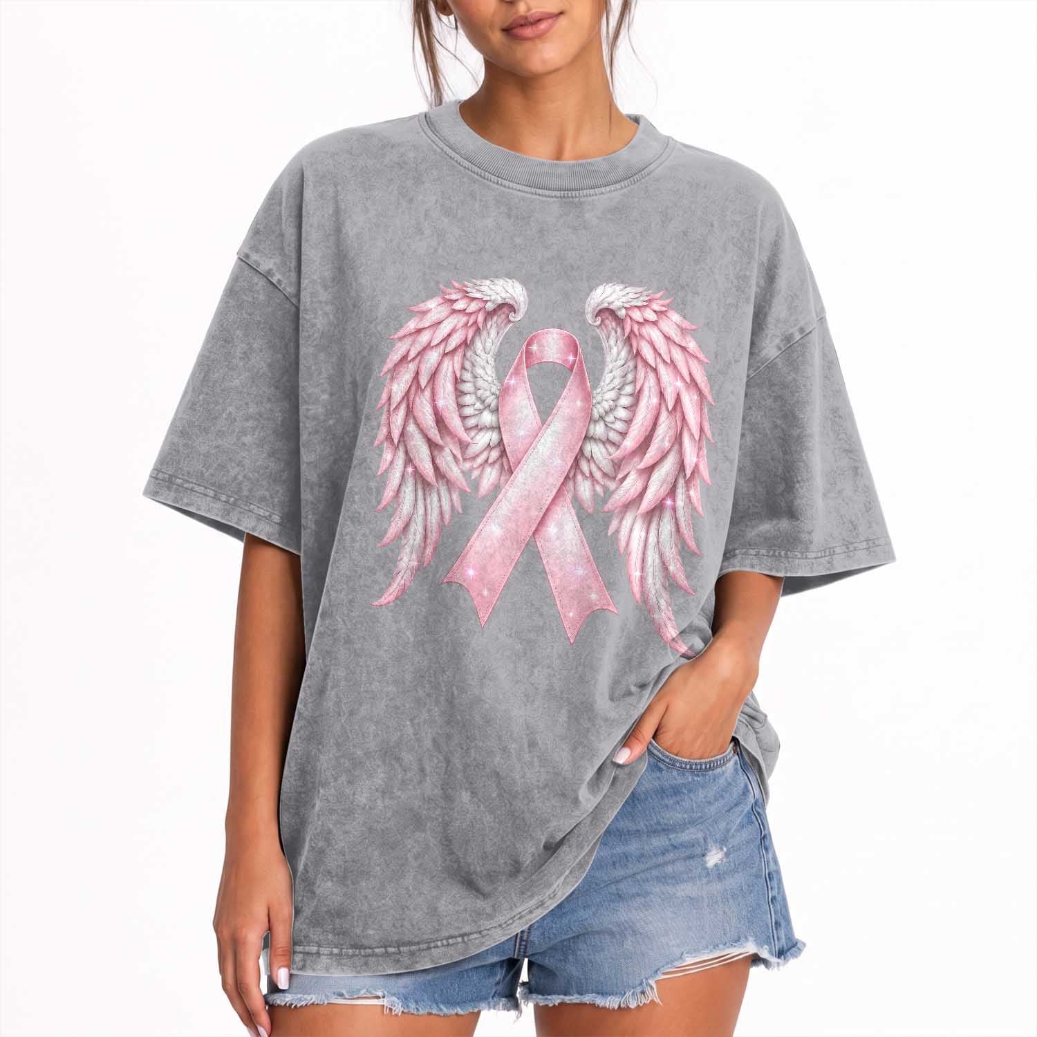 Breast Cancer Warrior Support Washed Cotton T-Shirt Pink Ribbon Angel Wings Hope