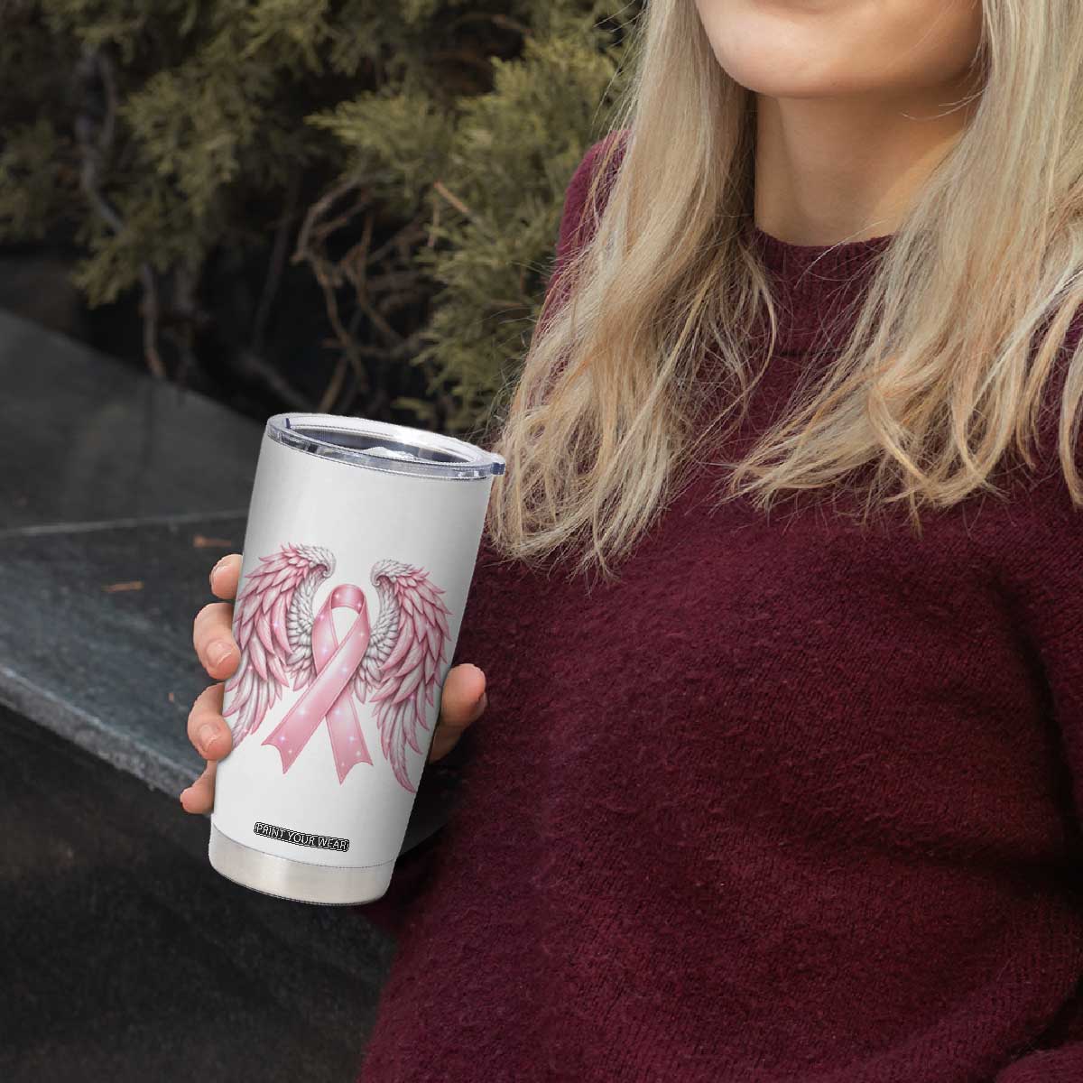 Breast Cancer Warrior Support Tumbler Cup Pink Ribbon Angel Wings Hope