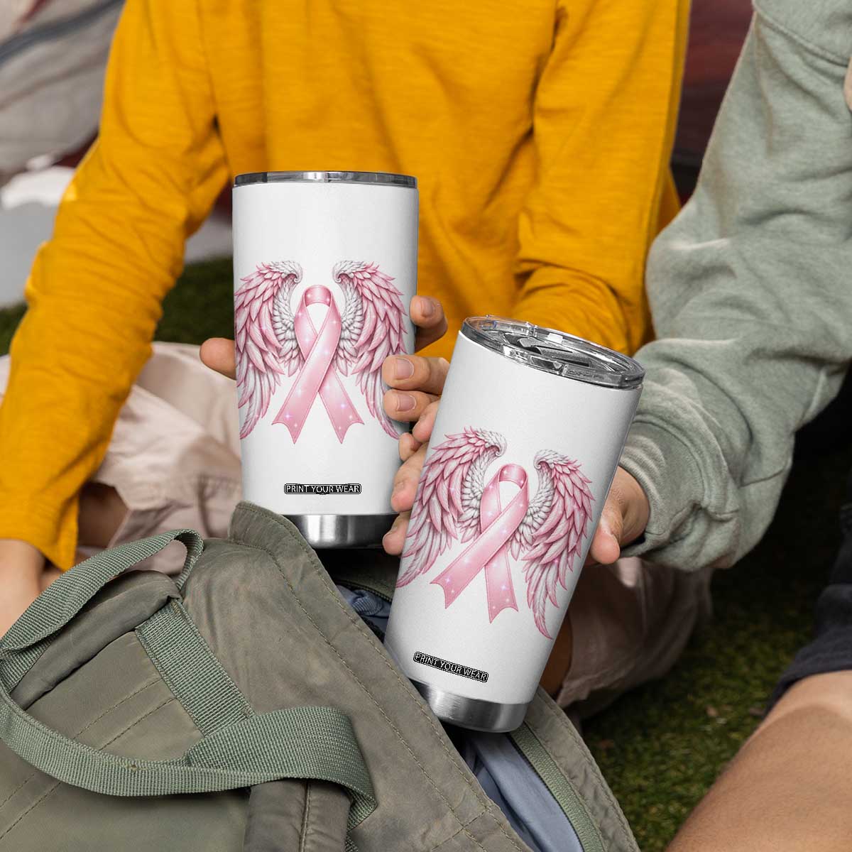 Breast Cancer Warrior Support Tumbler Cup Pink Ribbon Angel Wings Hope