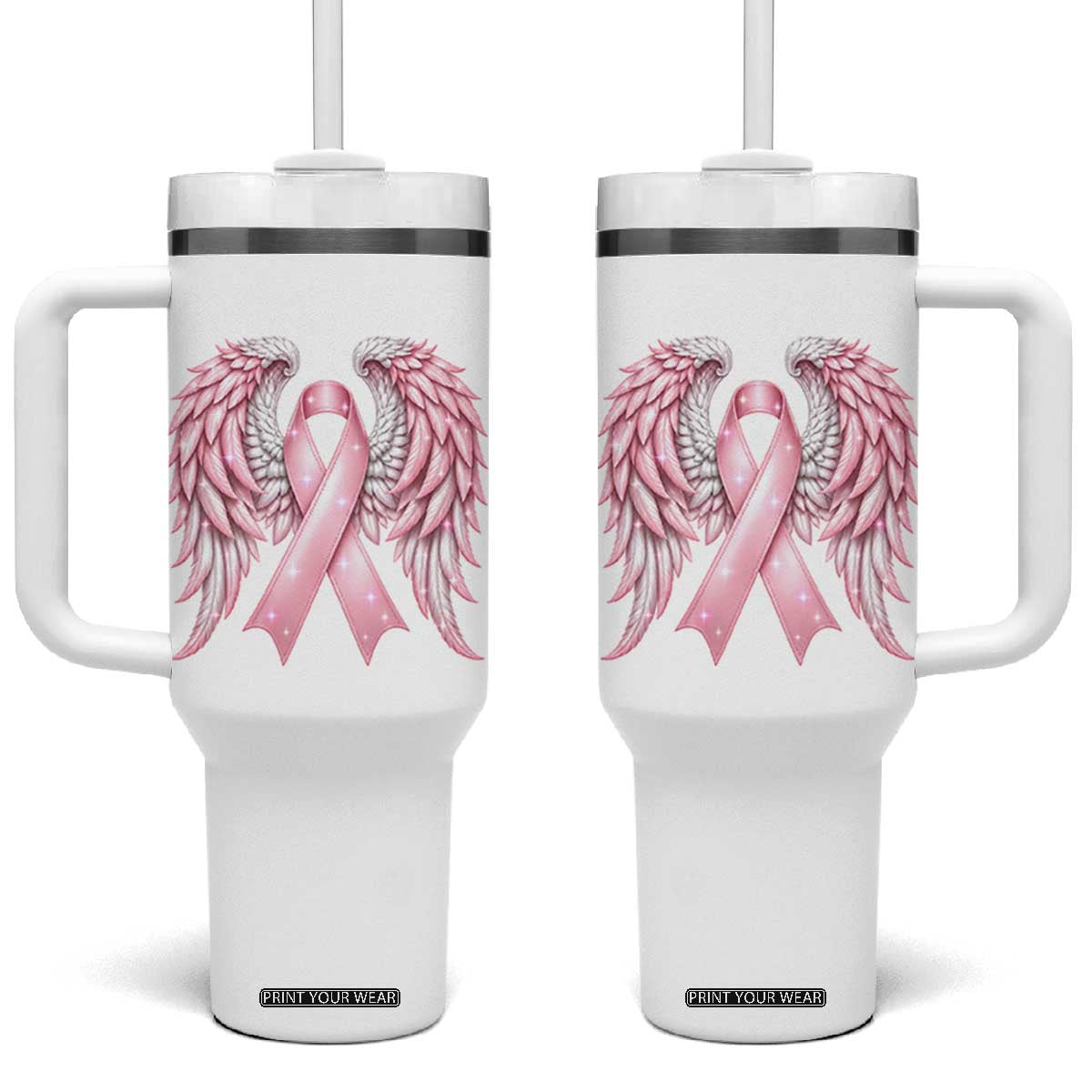 Breast Cancer Warrior Support Tumbler With Handle Pink Ribbon Angel Wings Hope