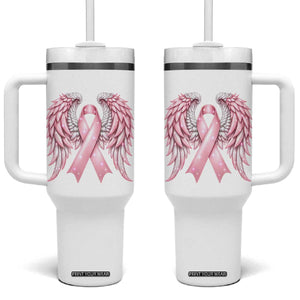 Breast Cancer Warrior Support Tumbler With Handle Pink Ribbon Angel Wings Hope