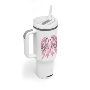 Breast Cancer Warrior Support Tumbler With Handle Pink Ribbon Angel Wings Hope