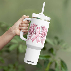 Breast Cancer Warrior Support Tumbler With Handle Pink Ribbon Angel Wings Hope