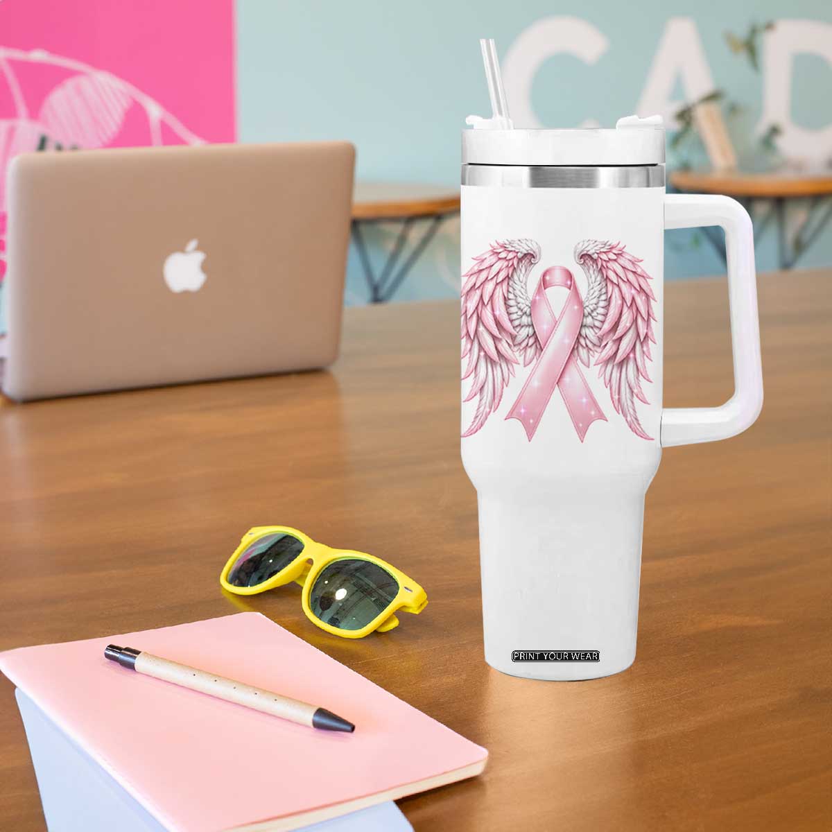Breast Cancer Warrior Support Tumbler With Handle Pink Ribbon Angel Wings Hope