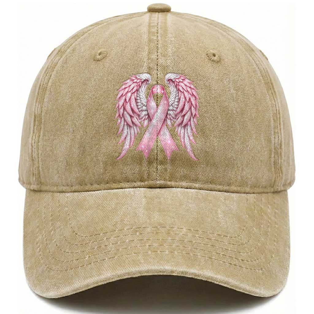 Breast Cancer Warrior Support Washed Cotton Baseball Cap Pink Ribbon Angel Wings Hope