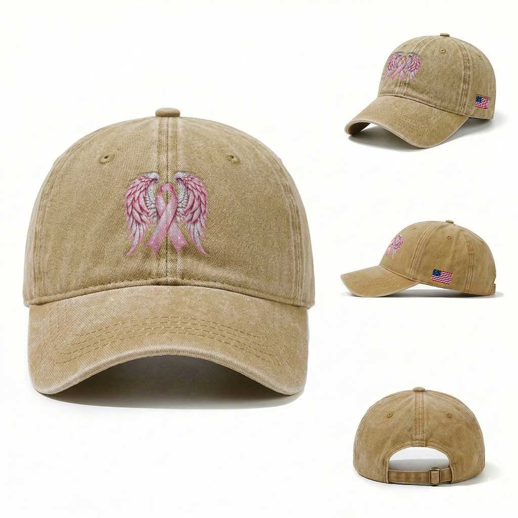 Breast Cancer Warrior Support Washed Cotton Baseball Cap Pink Ribbon Angel Wings Hope