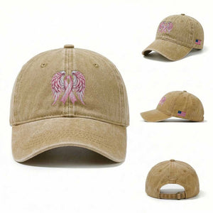 Breast Cancer Warrior Support Washed Cotton Baseball Cap Pink Ribbon Angel Wings Hope