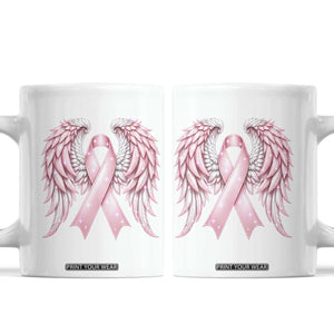 Breast Cancer Warrior Support Coffee Mug Pink Ribbon Angel Wings Hope