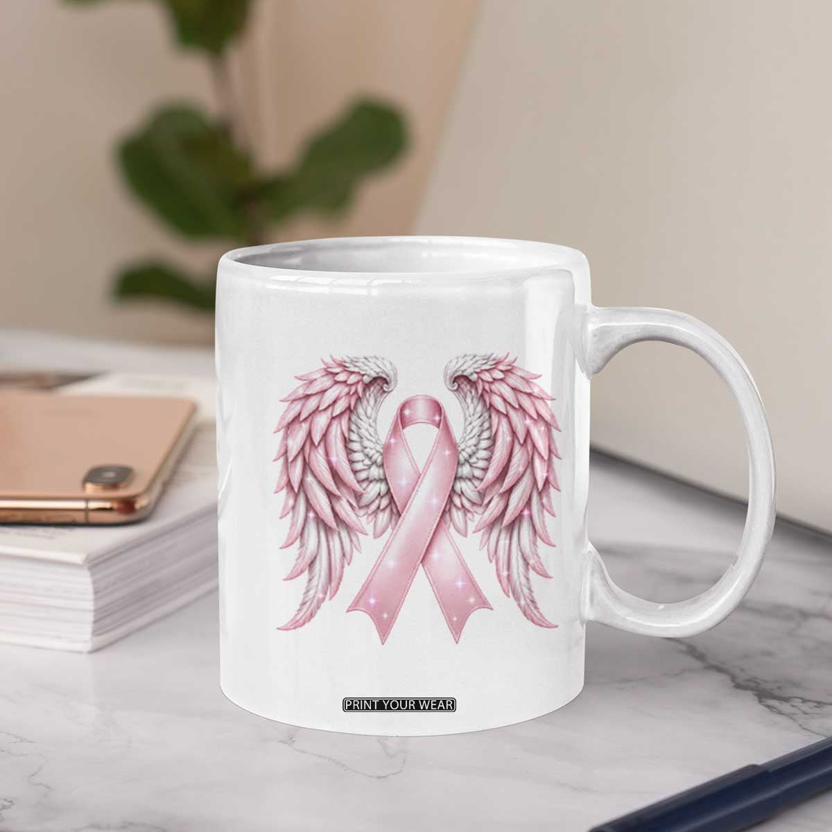 Breast Cancer Warrior Support Coffee Mug Pink Ribbon Angel Wings Hope