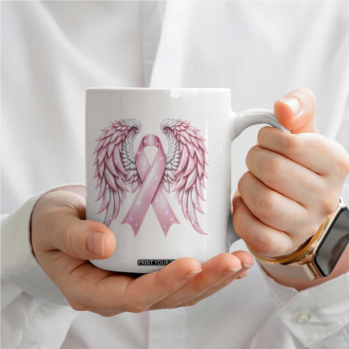 Breast Cancer Warrior Support Coffee Mug Pink Ribbon Angel Wings Hope