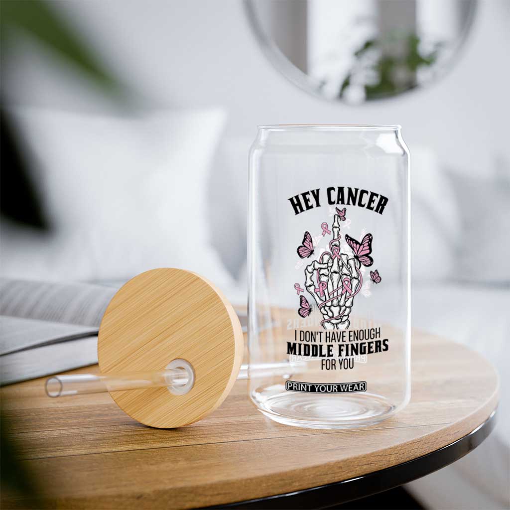 Breast Cancer Warrior Support Glass Can I Dont Have Enough Middle Fingers Pink Ribbon Skeleton