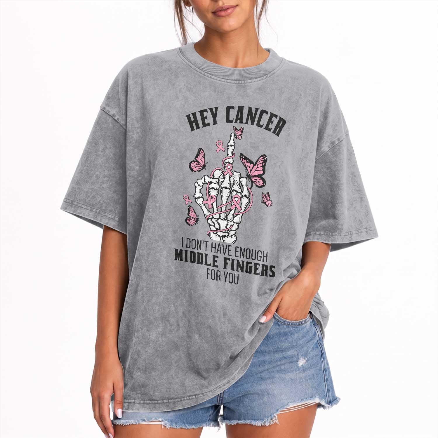 Breast Cancer Warrior Support Washed Cotton T-Shirt I Dont Have Enough Middle Fingers Pink Ribbon Skeleton