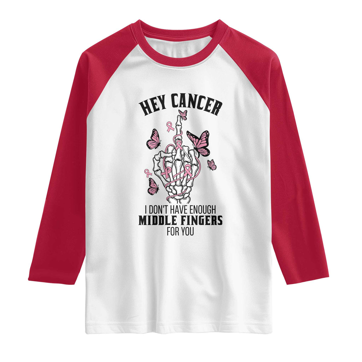 Breast Cancer Warrior Support Raglan Shirt I Dont Have Enough Middle Fingers Pink Ribbon Skeleton