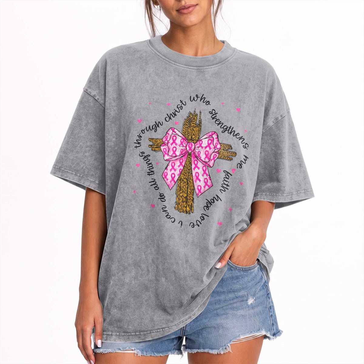 Christian Breast Cancer Support Washed Cotton T-Shirt I Can Do All Things Through Christ