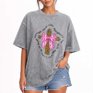 Christian Breast Cancer Support Washed Cotton T-Shirt I Can Do All Things Through Christ