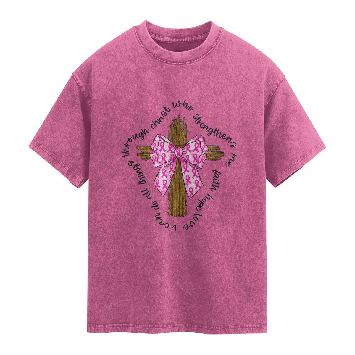 Christian Breast Cancer Support Washed Cotton T-Shirt I Can Do All Things Through Christ