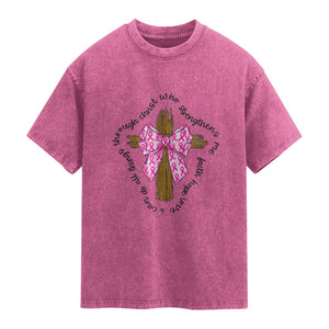 Christian Breast Cancer Support Washed Cotton T-Shirt I Can Do All Things Through Christ