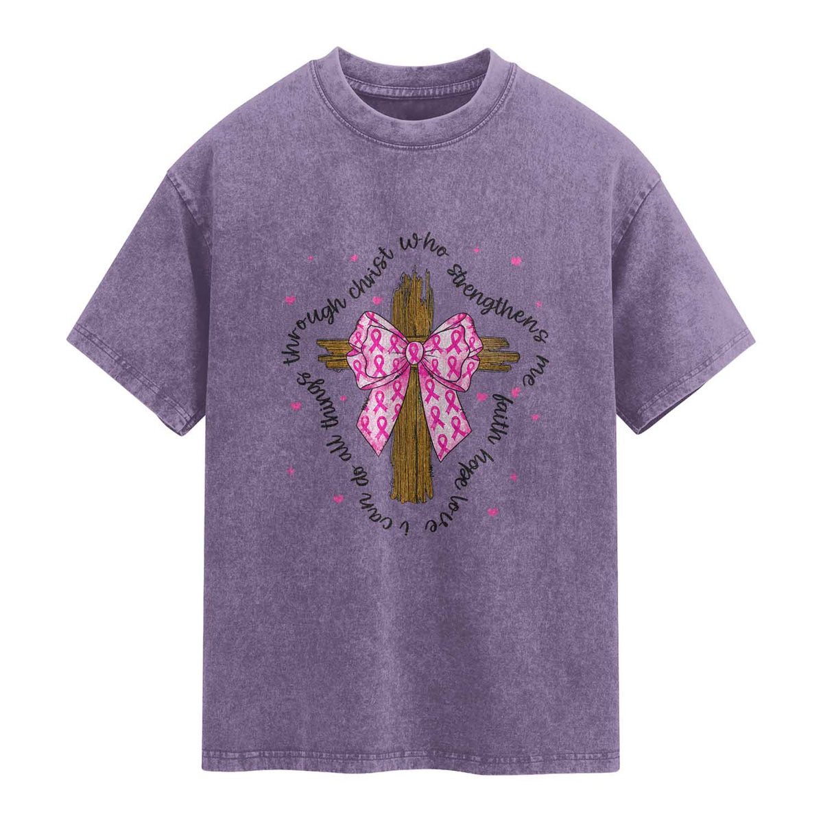 Christian Breast Cancer Support Washed Cotton T-Shirt I Can Do All Things Through Christ