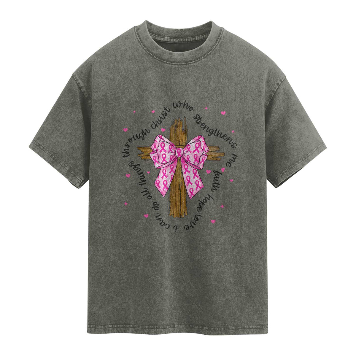 Christian Breast Cancer Support Washed Cotton T-Shirt I Can Do All Things Through Christ