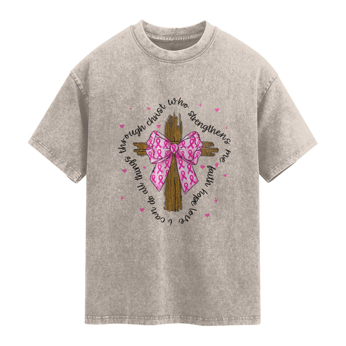 Christian Breast Cancer Support Washed Cotton T-Shirt I Can Do All Things Through Christ