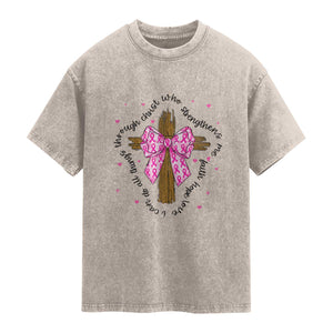 Christian Breast Cancer Support Washed Cotton T-Shirt I Can Do All Things Through Christ