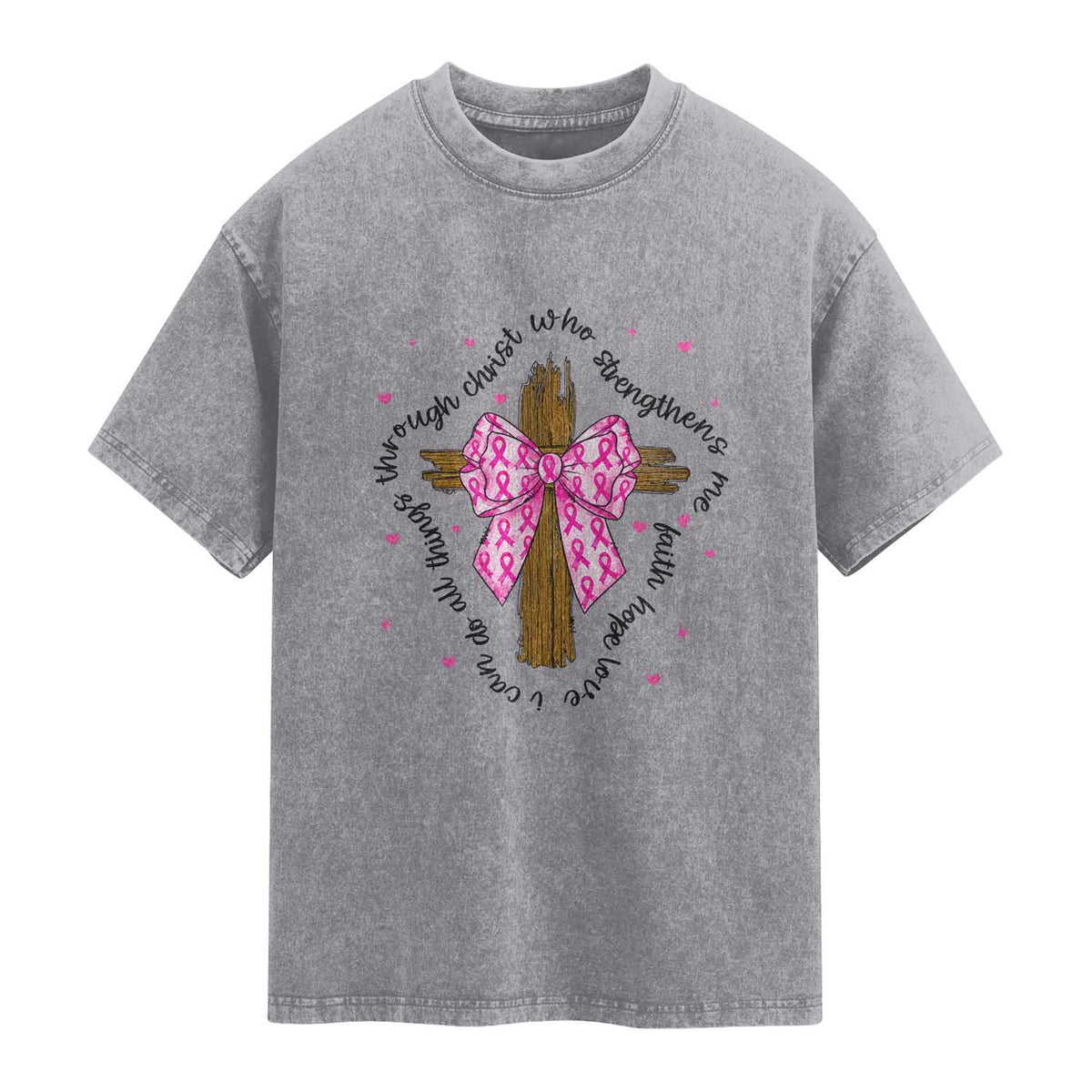 Christian Breast Cancer Support Washed Cotton T-Shirt I Can Do All Things Through Christ