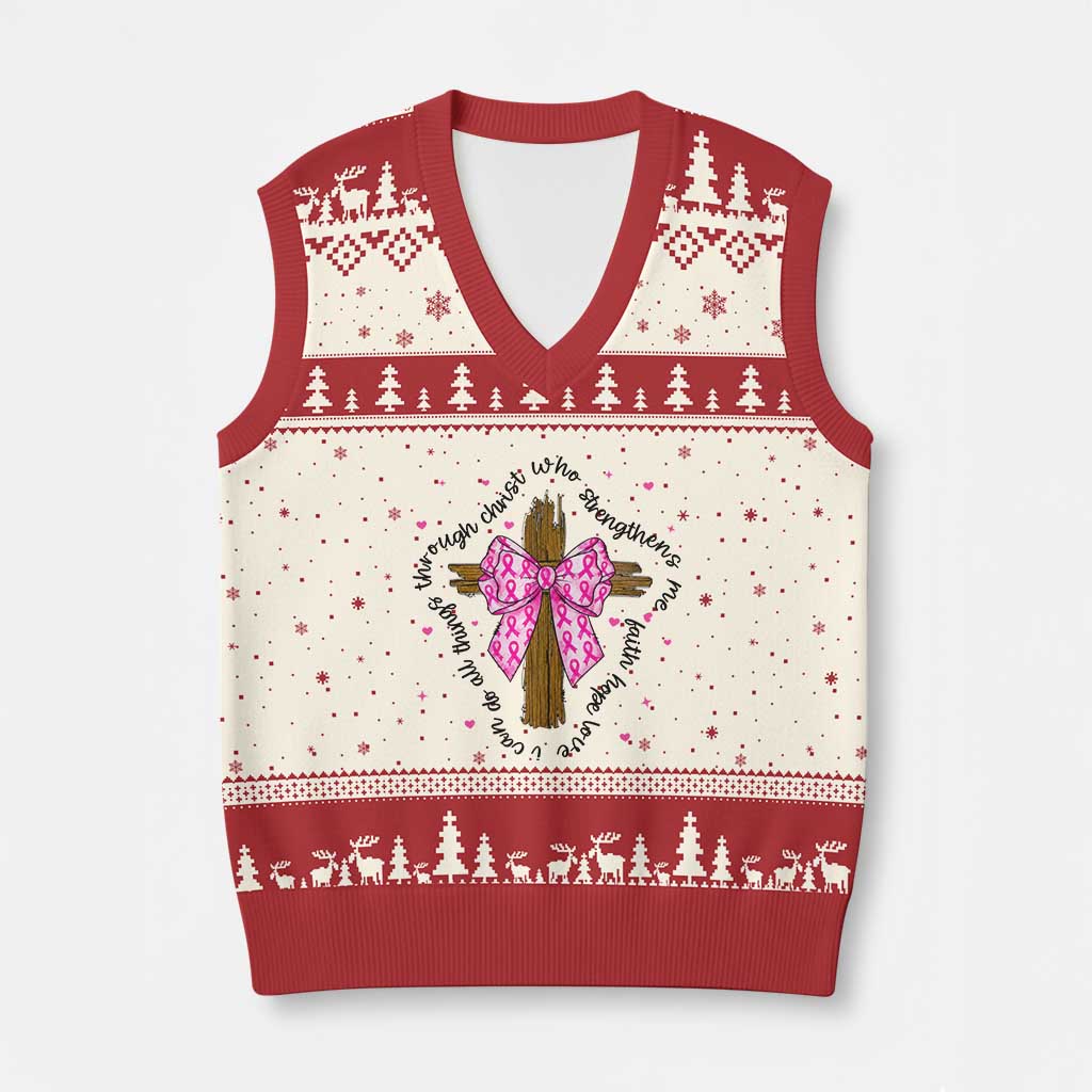 Christian Breast Cancer Support V-Neck Knit Sweater Vest I Can Do All Things Through Christ