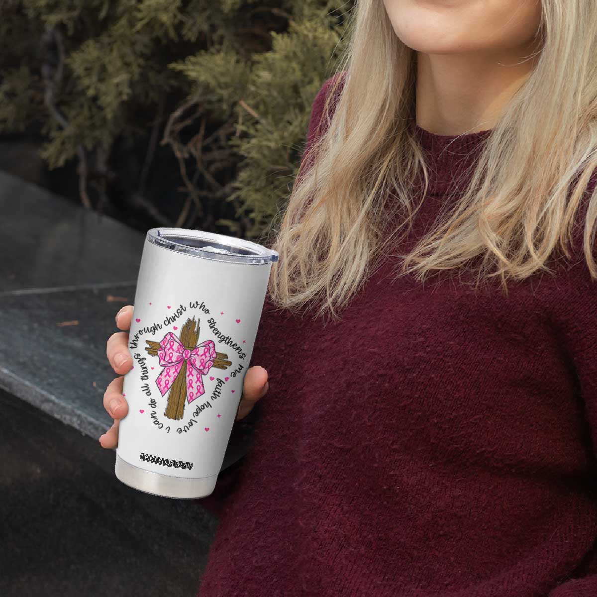 Christian Breast Cancer Support Tumbler Cup I Can Do All Things Through Christ