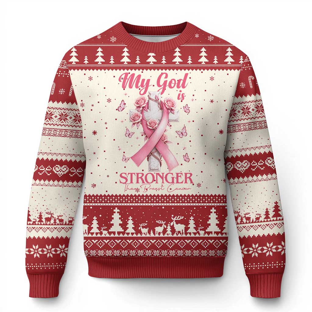My God Is Stronger Than Breast Cancer Ugly Christmas Sweater Christian Warrior Support