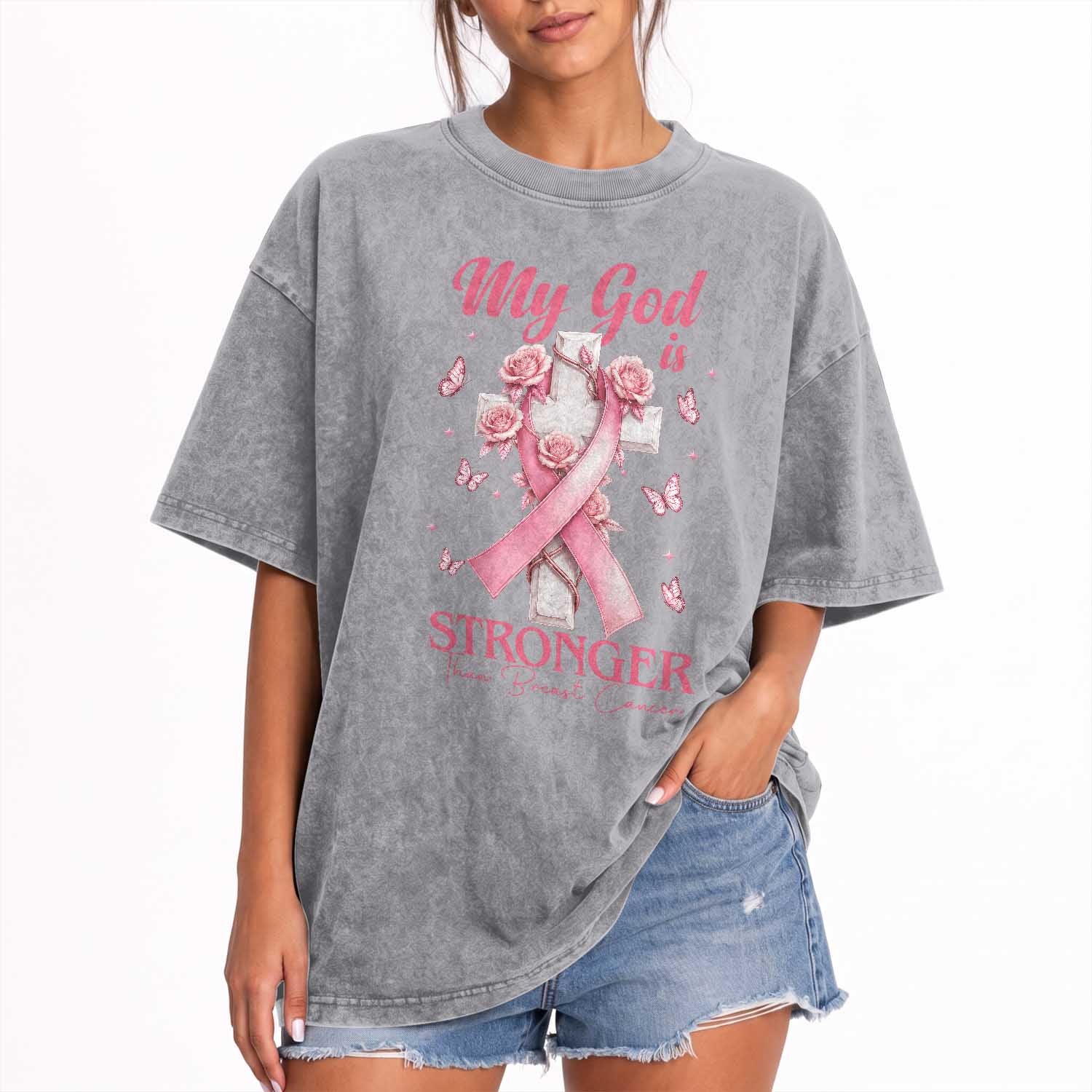 My God Is Stronger Than Breast Cancer Washed Cotton T-Shirt Christian Warrior Support