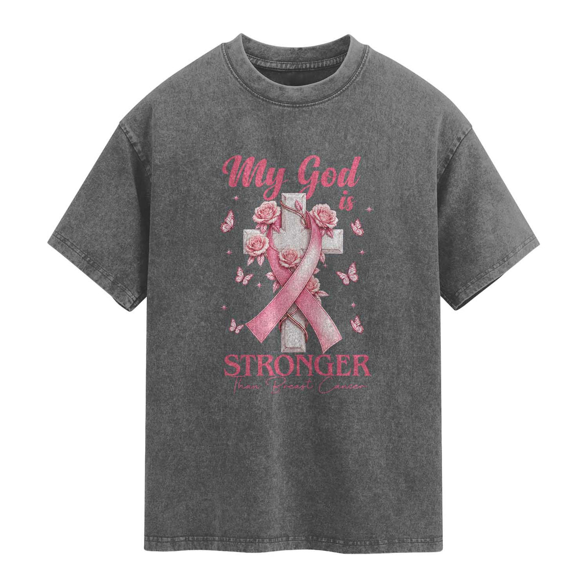 My God Is Stronger Than Breast Cancer Washed Cotton T-Shirt Christian Warrior Support