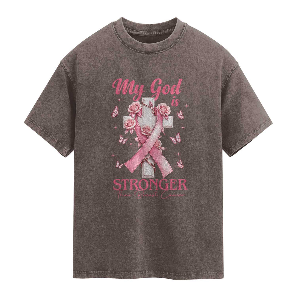 My God Is Stronger Than Breast Cancer Washed Cotton T-Shirt Christian Warrior Support