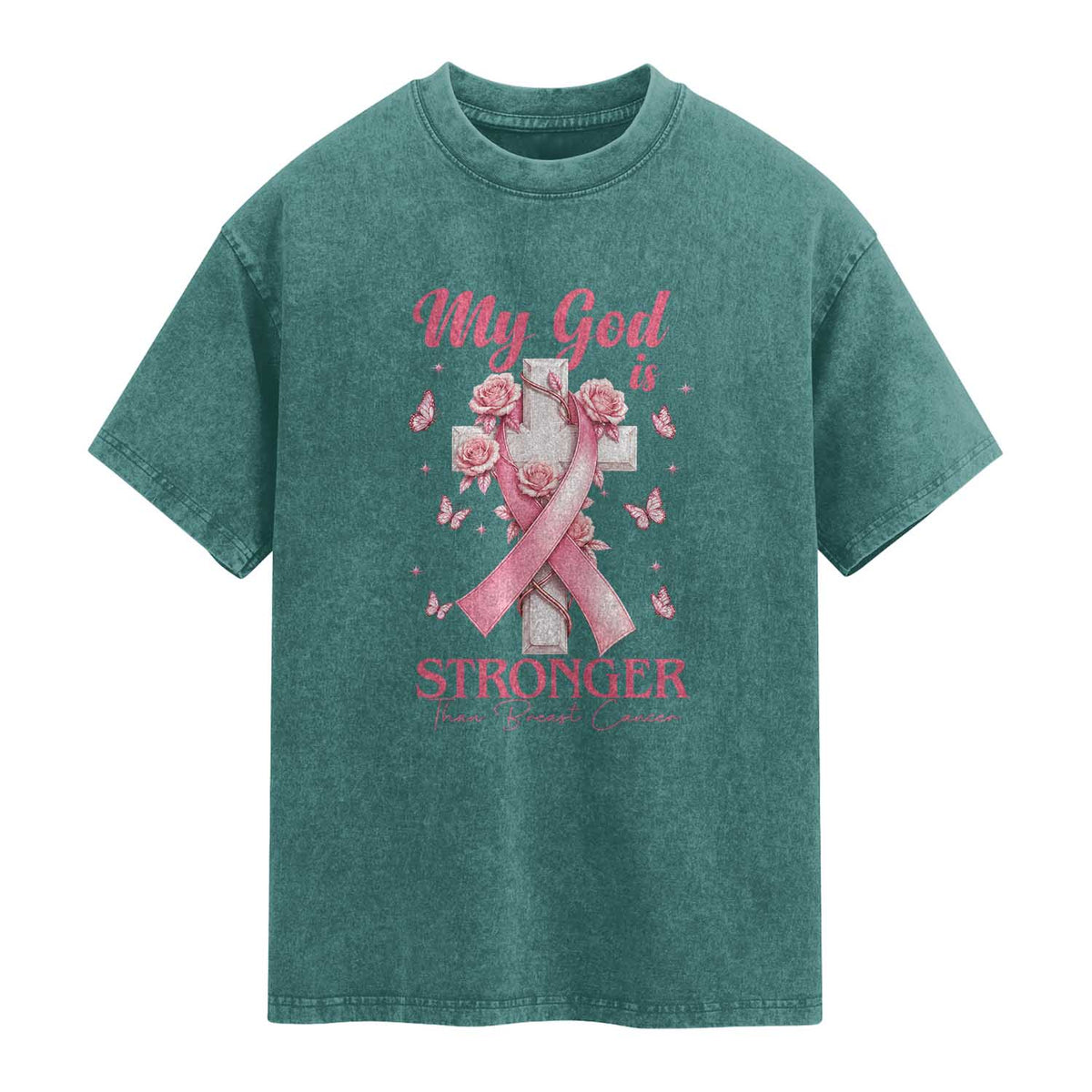 My God Is Stronger Than Breast Cancer Washed Cotton T-Shirt Christian Warrior Support