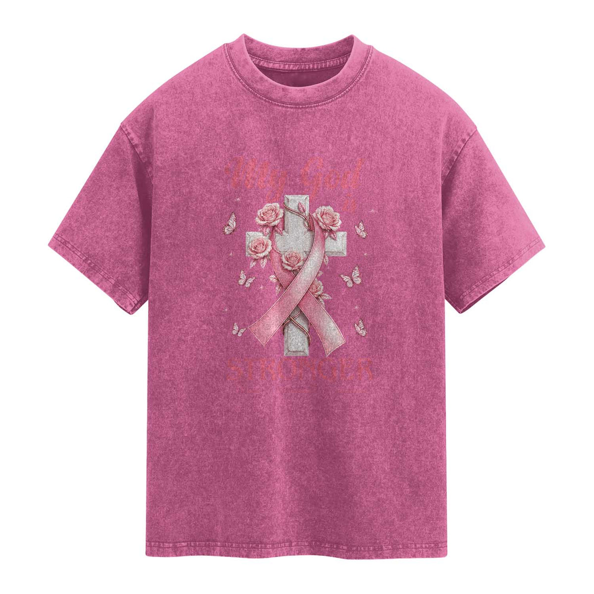 My God Is Stronger Than Breast Cancer Washed Cotton T-Shirt Christian Warrior Support
