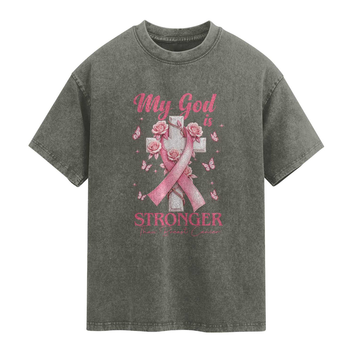 My God Is Stronger Than Breast Cancer Washed Cotton T-Shirt Christian Warrior Support