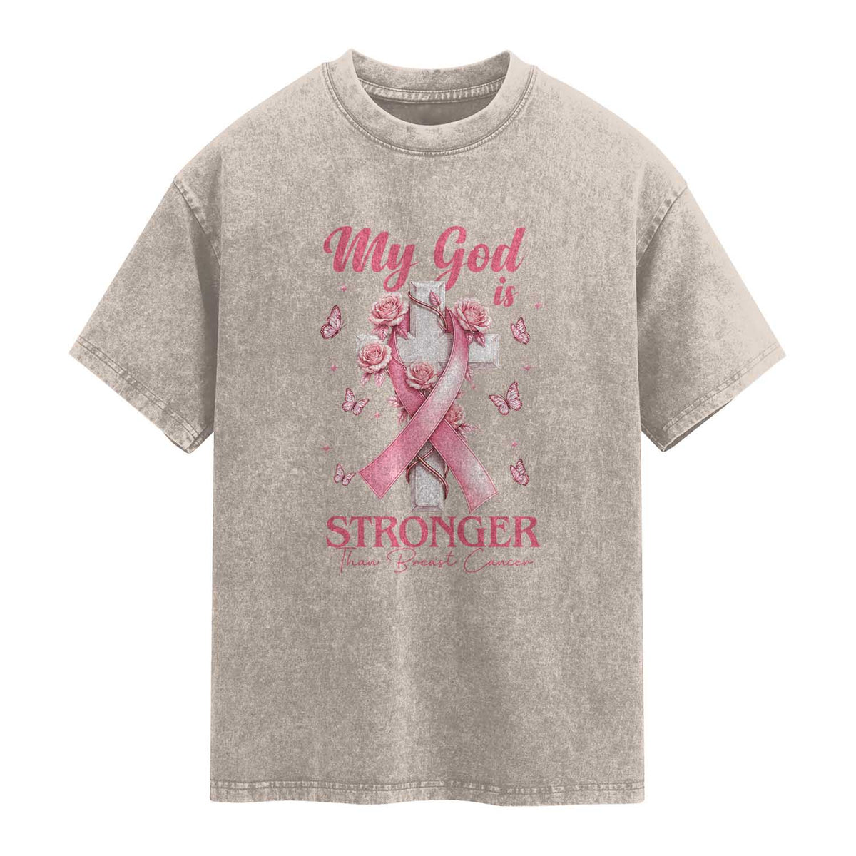 My God Is Stronger Than Breast Cancer Washed Cotton T-Shirt Christian Warrior Support