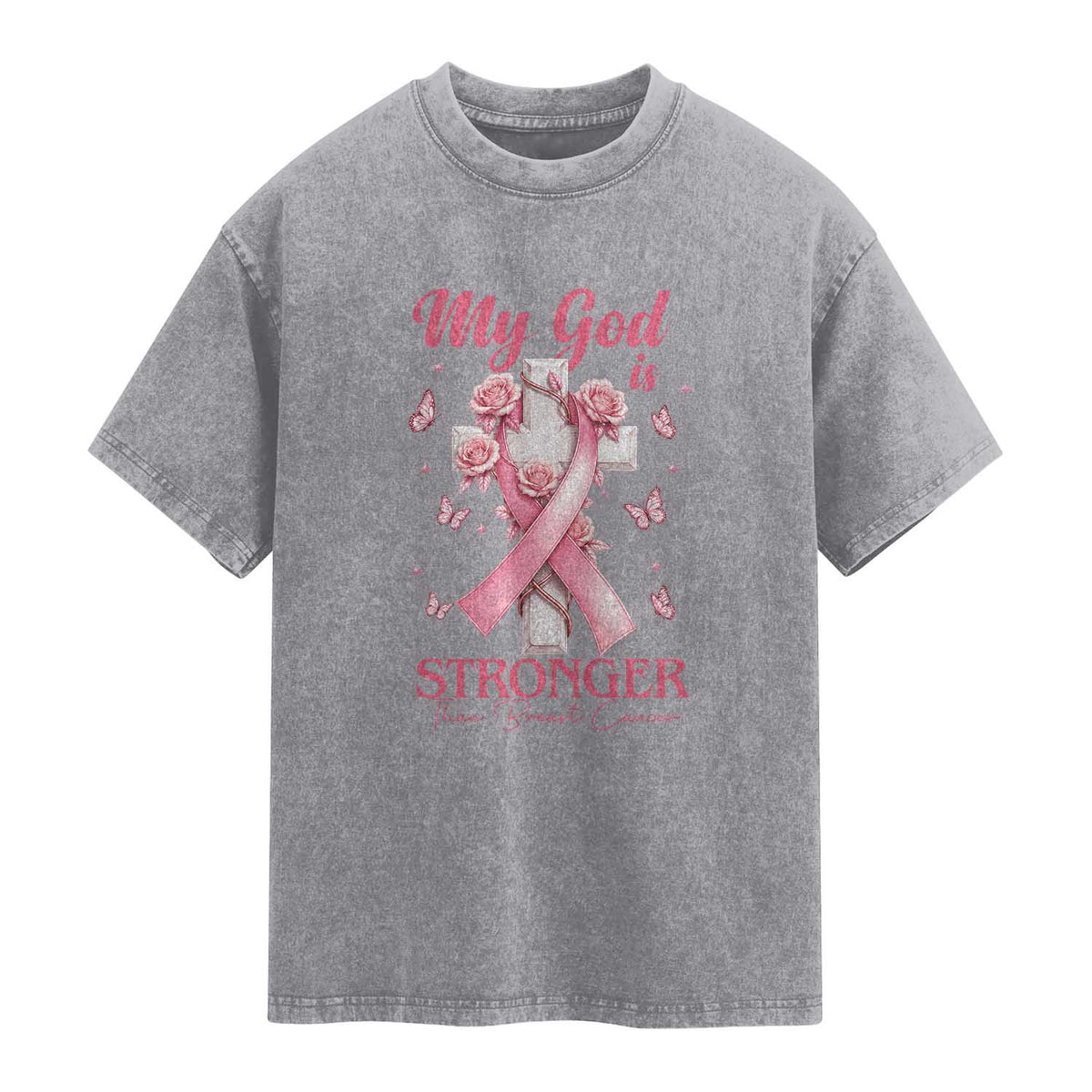 My God Is Stronger Than Breast Cancer Washed Cotton T-Shirt Christian Warrior Support