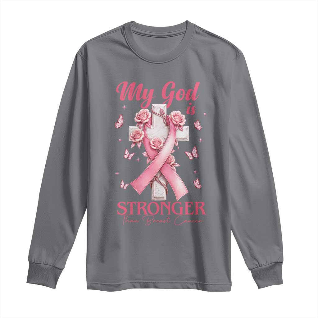 My God Is Stronger Than Breast Cancer Long Sleeve Shirt Christian Warrior Support