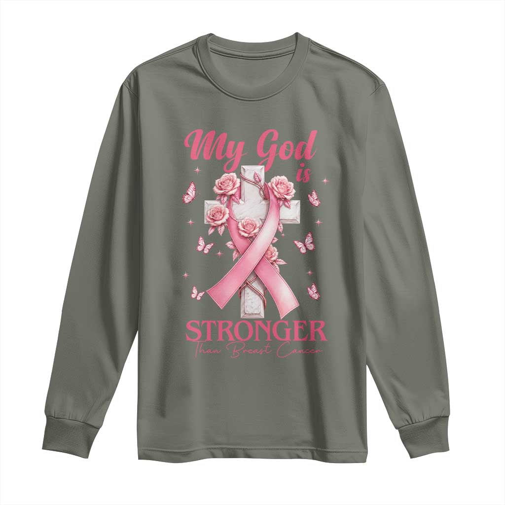 My God Is Stronger Than Breast Cancer Long Sleeve Shirt Christian Warrior Support